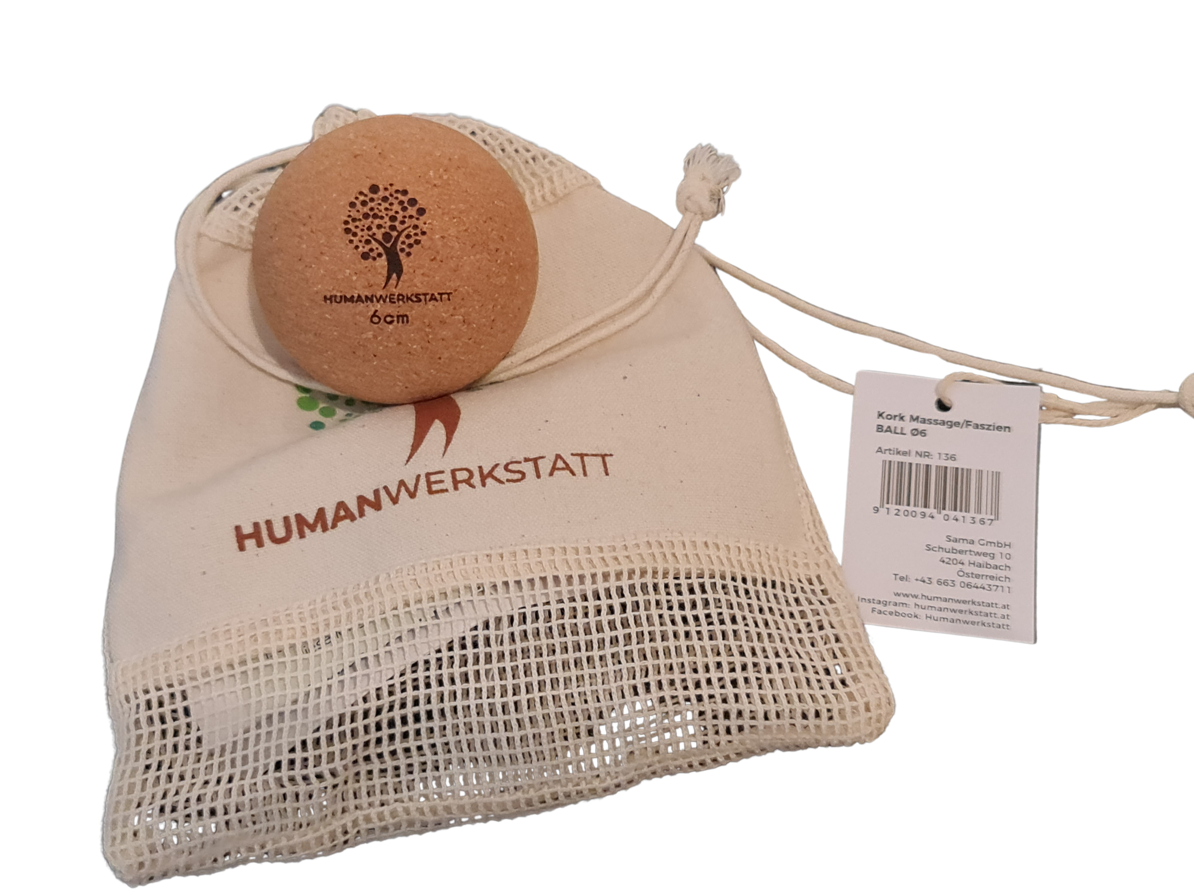 ENTSPANNUNGS BALL – Kork Ball Ø 6 cm | FSC Naturkork • sanfte Regeneration • inkl. Stofftasche | HUMANWERKSTATT
