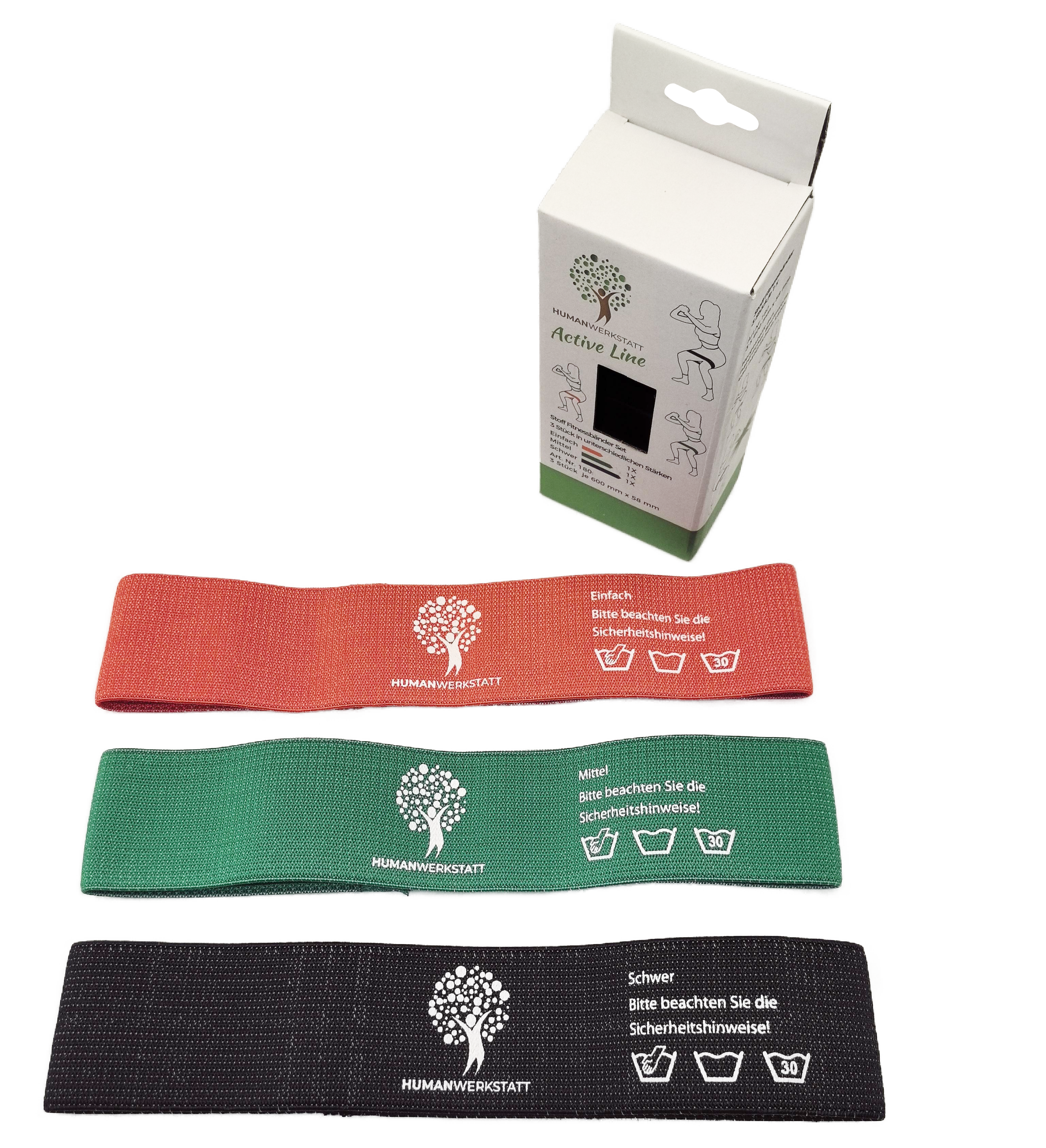 MOBILITÄTS und ENERGIEBAND MINI – 3ER-SET • 60 cm | Textil • Latexkern • Leicht/Mittel/Stark | HUMANWERKSTATT