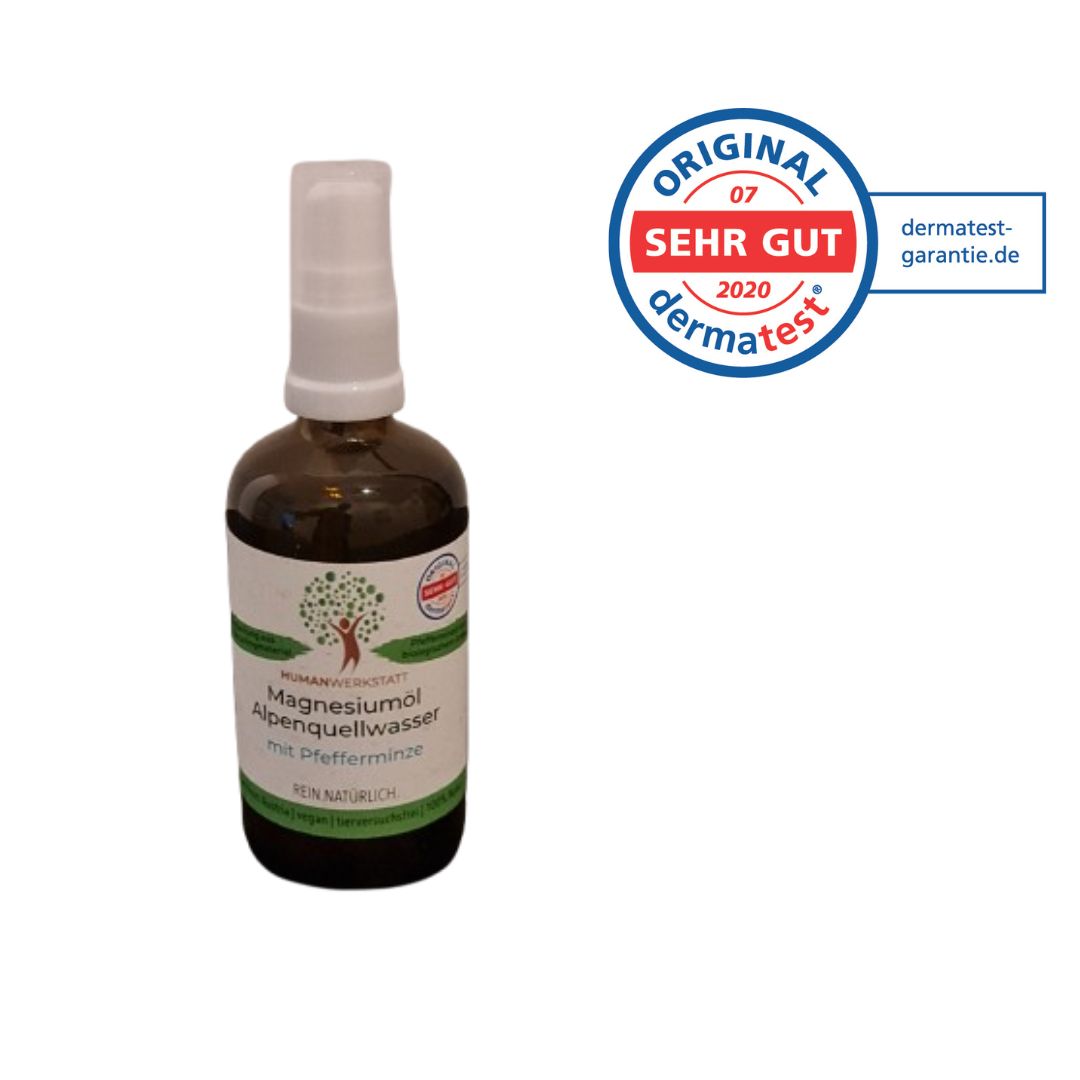 Magnesium Öl 100ml mit Pfefferminze – Zechstein, Glasflasche, DERMATEST: SEHR GUT | HUMANWERKSTATT