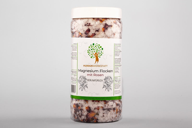 Magnesium Flocken 750 g mit Rosenblüten – Sinnlichkeit, Entspannung & Wellness | HUMANWERKSTATT