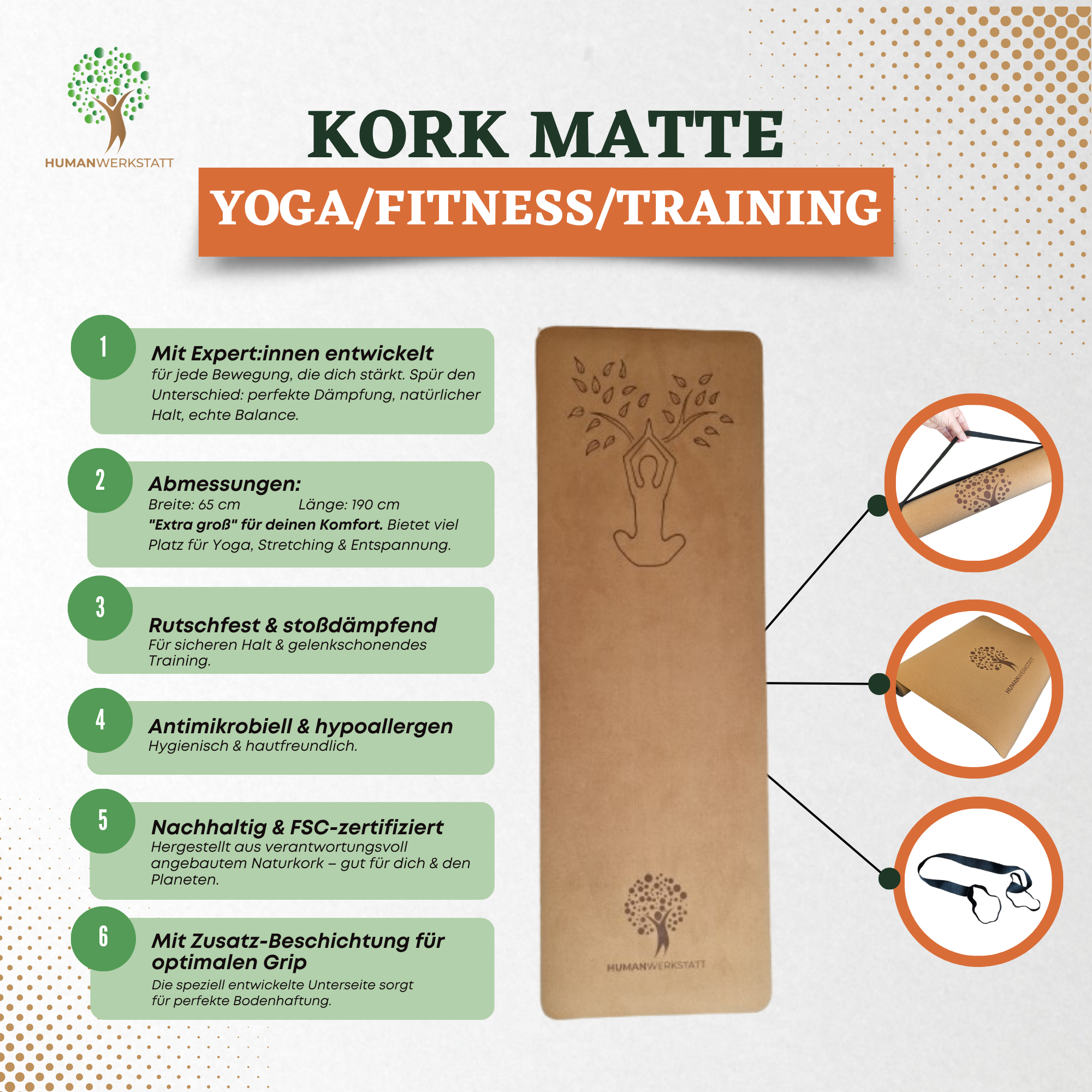 Kork Yogamatte 190×70 cm – Premium Naturkork, 6 mm, inkl. Tragegurt | HUMANWERKSTATT